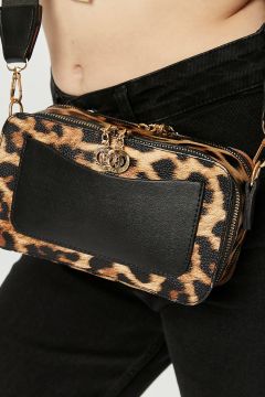Morpelikan Leopar Monogram Kadın Üç Bölmeli Çarpraz Kolon Askılı Çanta