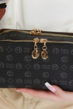 Morpelikan Siyah  Monogram Üç Bölmeli Çarpraz Kolon Askılı Çanta