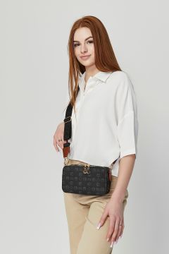 Morpelikan Siyah  Monogram Üç Bölmeli Çarpraz Kolon Askılı Çanta