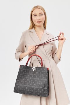 Siyah Kontrast Kol Monogram Kilit Kapamalı Kadın Omuz Çantası