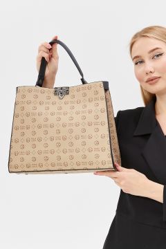 Bej  Monogram Kilit Kapamalı Kadın Omuz Çantası