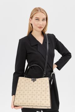 Bej  Monogram Kilit Kapamalı Kadın Omuz Çantası