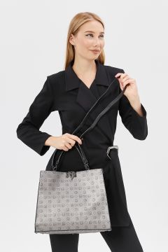 Gri Monogram Kilit Kapamalı Kadın Omuz Çantası